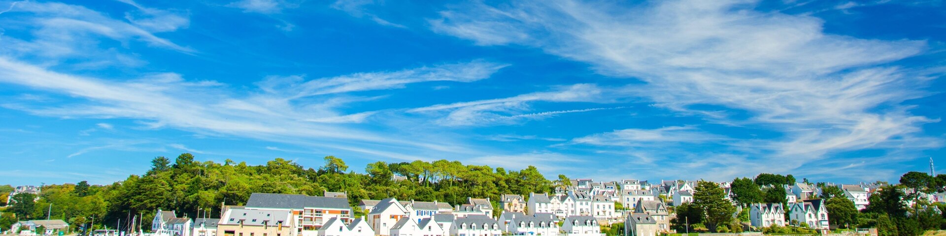 A coastal town with a harbor filled with boats, surrounded by lush greenery and traditional houses.