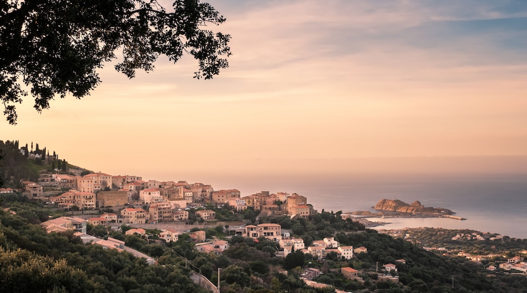 Sunset over village of Monticello in Corsica