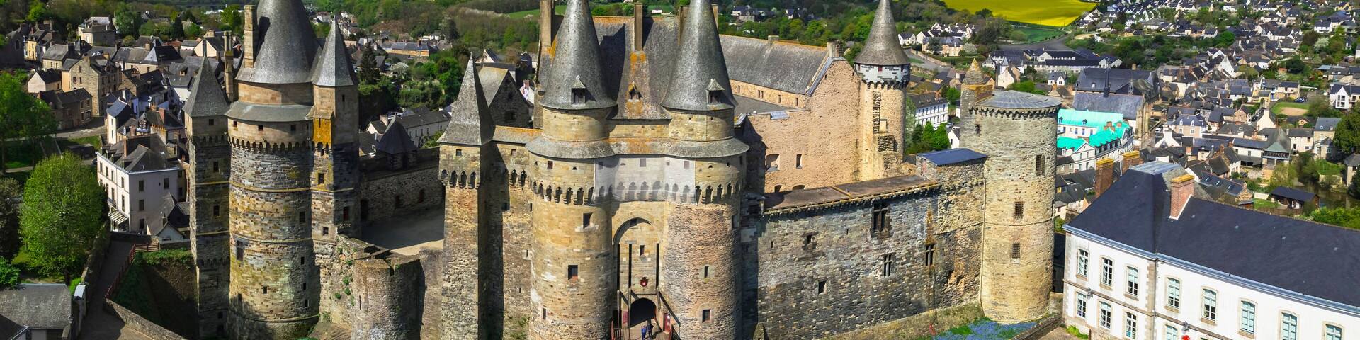 France, Brittany travel and landmarks. beautiful medieval Vitre town .Aerial panoramic view of stunning castle (chateau de Vitre)