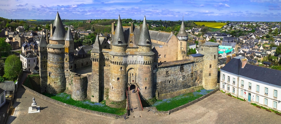 France, Brittany travel and landmarks. beautiful medieval Vitre town .Aerial panoramic view of stunning castle (chateau de Vitre)