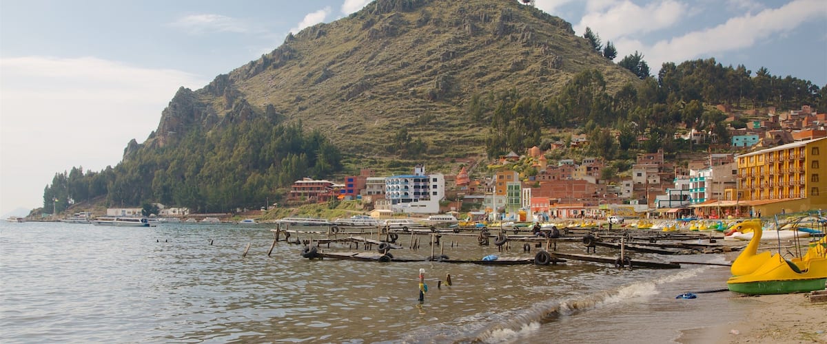A coastal town with a hill in the background, boats on the water, and colorful buildings along the shore.