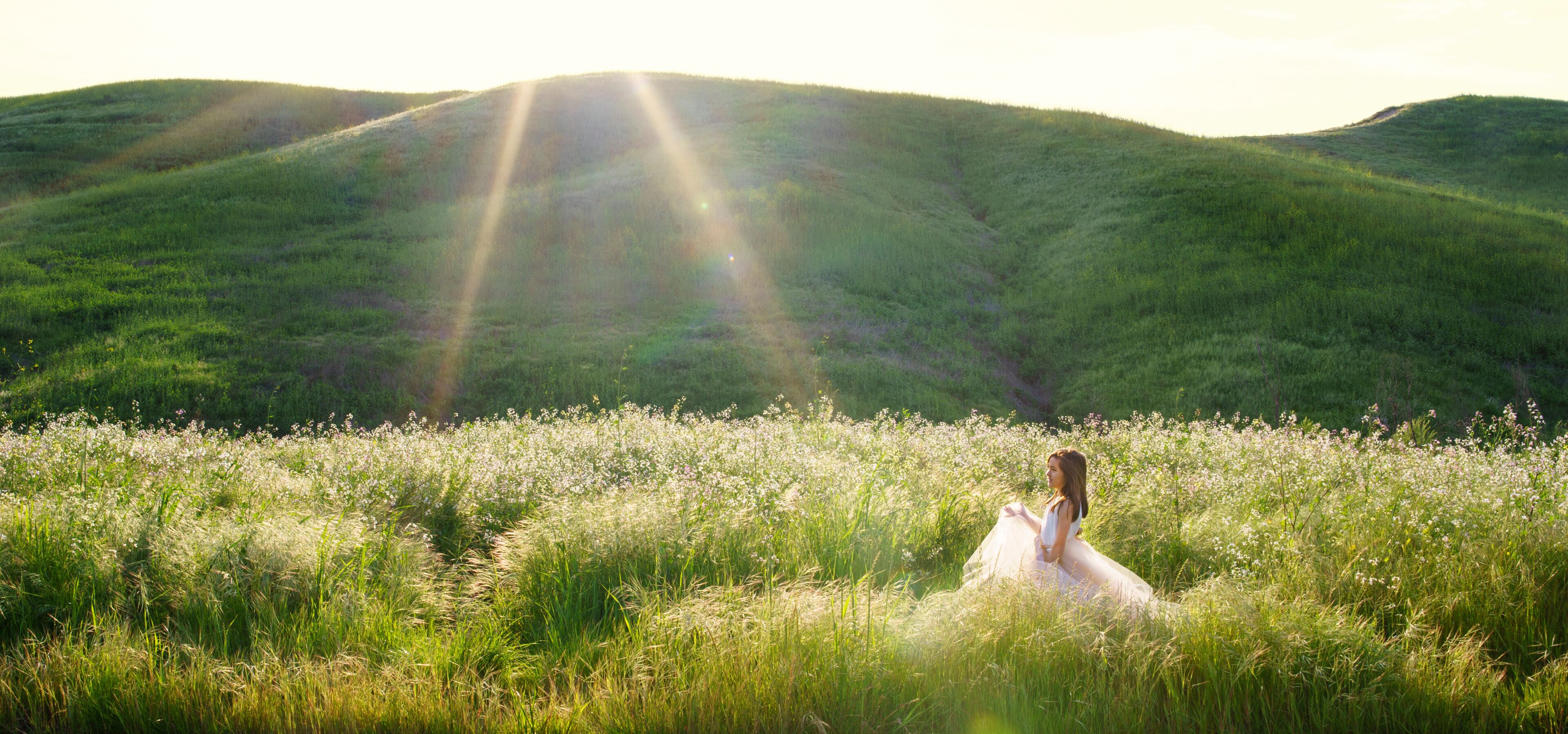 A person in a white dress sitting in a field of wildflowers with hills in the background.