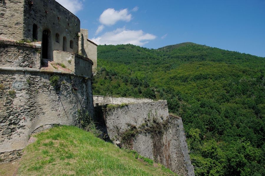 Una fortalesa de pedra històrica amb finestres d'arc i un penya-segat escarpada que domina un bosc dens.
