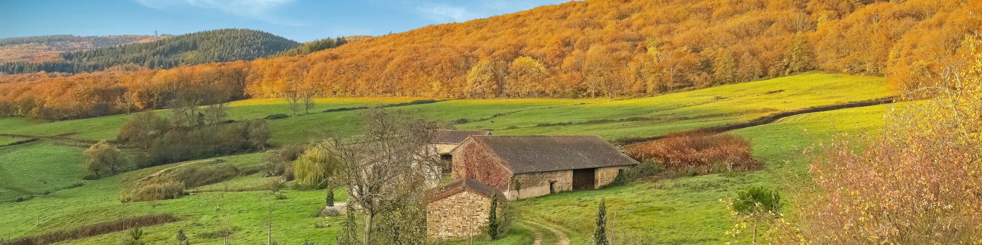 Un paisaje rural con una casa de piedra, campos verdes y árboles de colores otoñales.