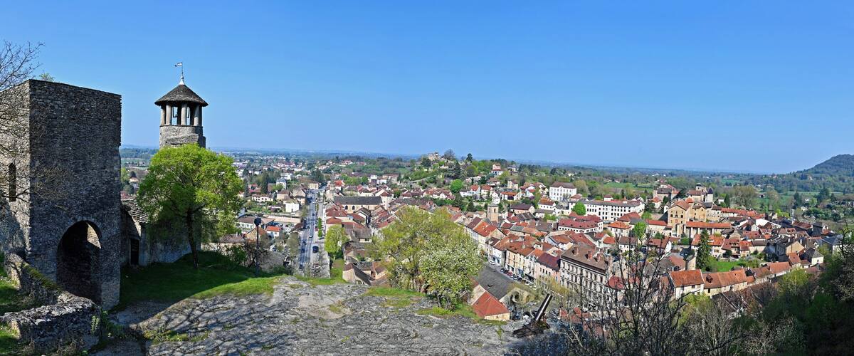 A historic stone tower with a weather vane, a cobblestone path, and a view of a town with red-roofed buildings.