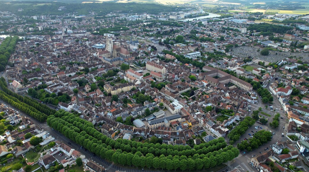 Panoramic aerial of the old town of the city Sens in France on a sunny noon in summer