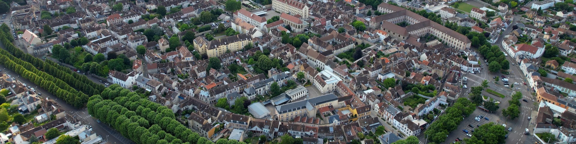 Panoramic aerial of the old town of the city Sens in France on a sunny noon in summer