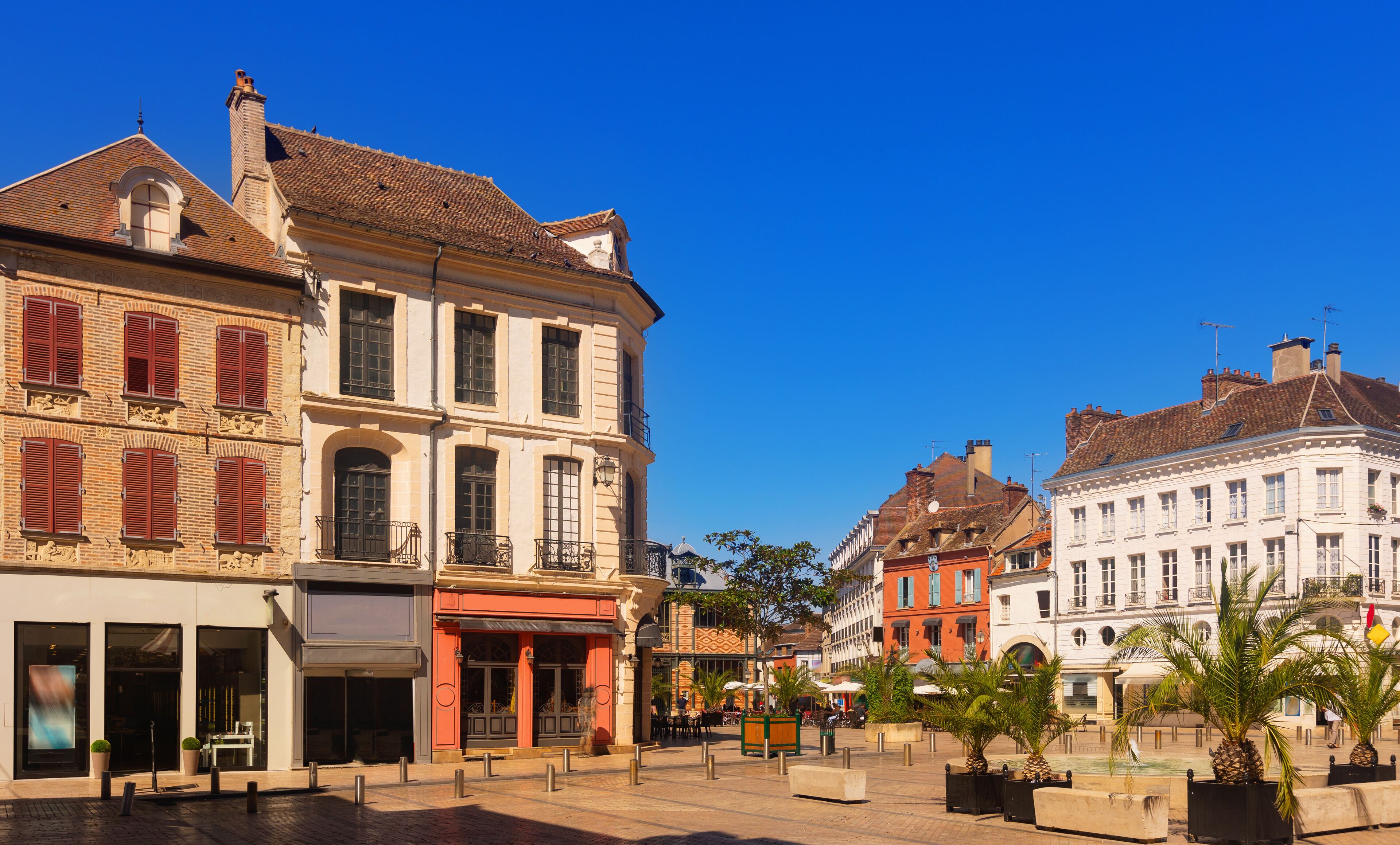Scenic view of historic houses in Sens commune in north-central France on sunny summer day