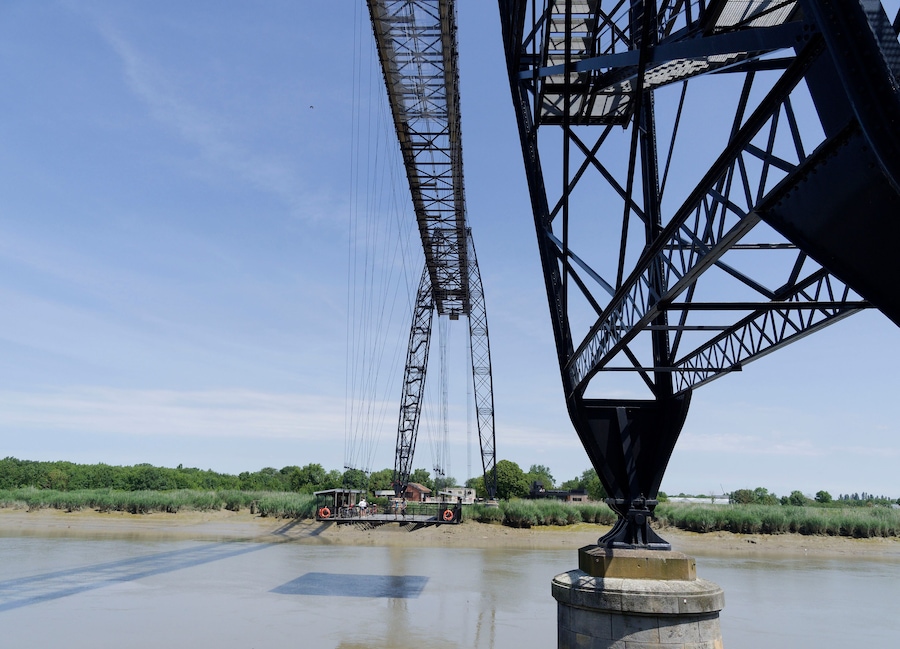 Martrou Transporter Bridge 'Pont Transbordeur' A gondola, suspended from a trolley running on rails, travels back and forth between Echillais and Rochefort
