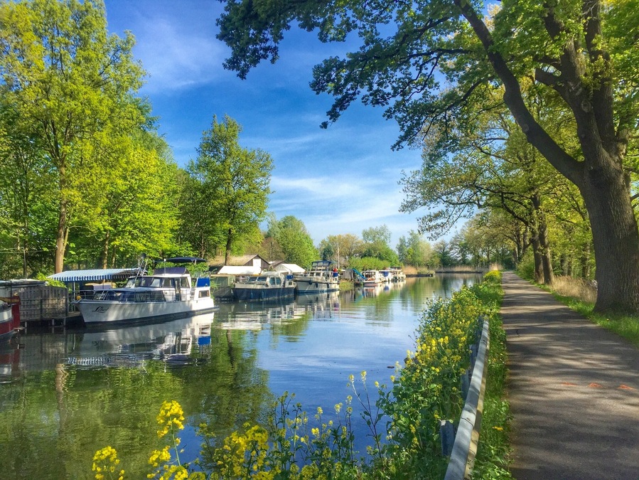 Cycling along the canal Zuid-Willemsvaart near Maaseik,Belgium