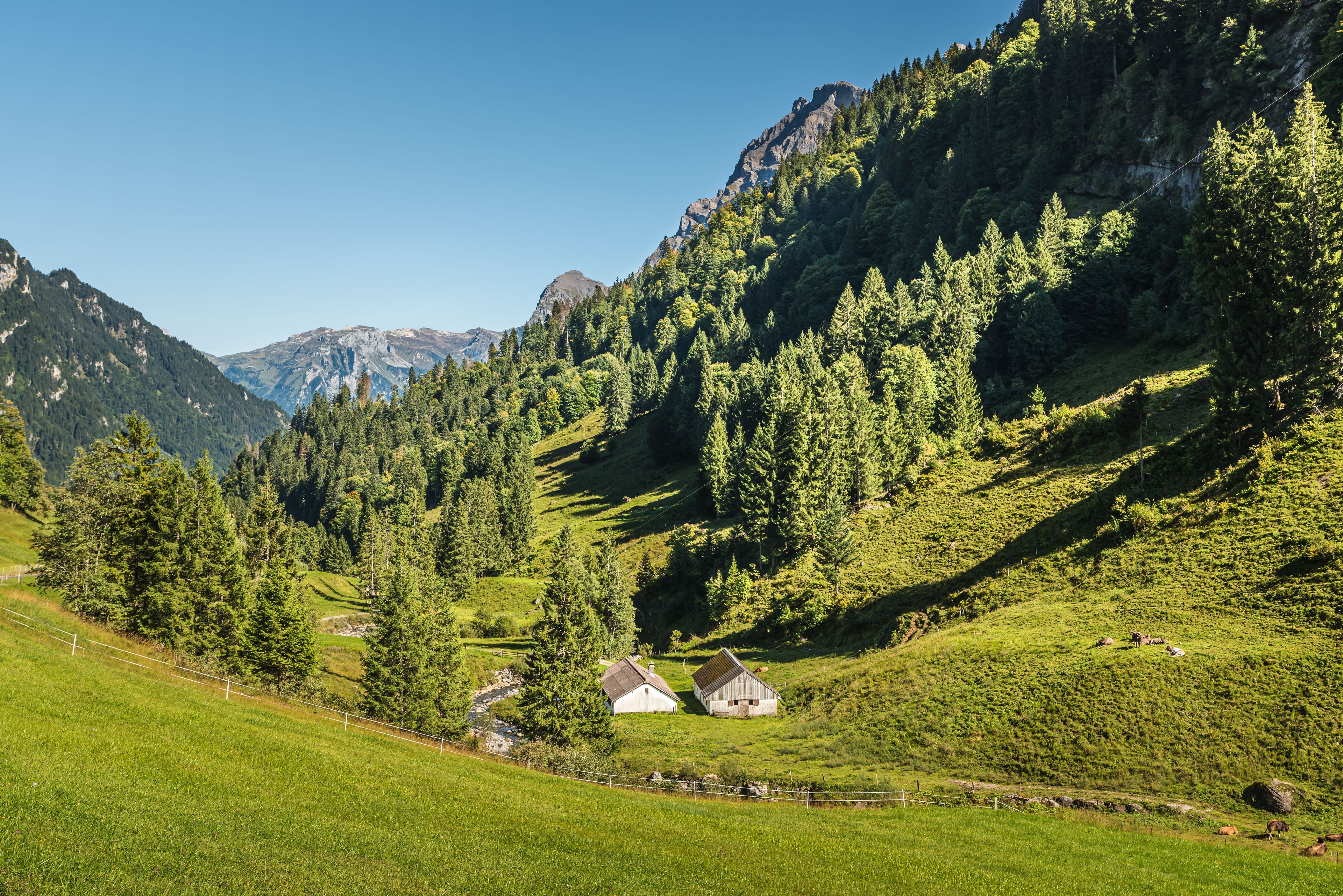 Un paisaje montañoso con campos verdes exuberantes, un pequeño edificio blanco y un río.