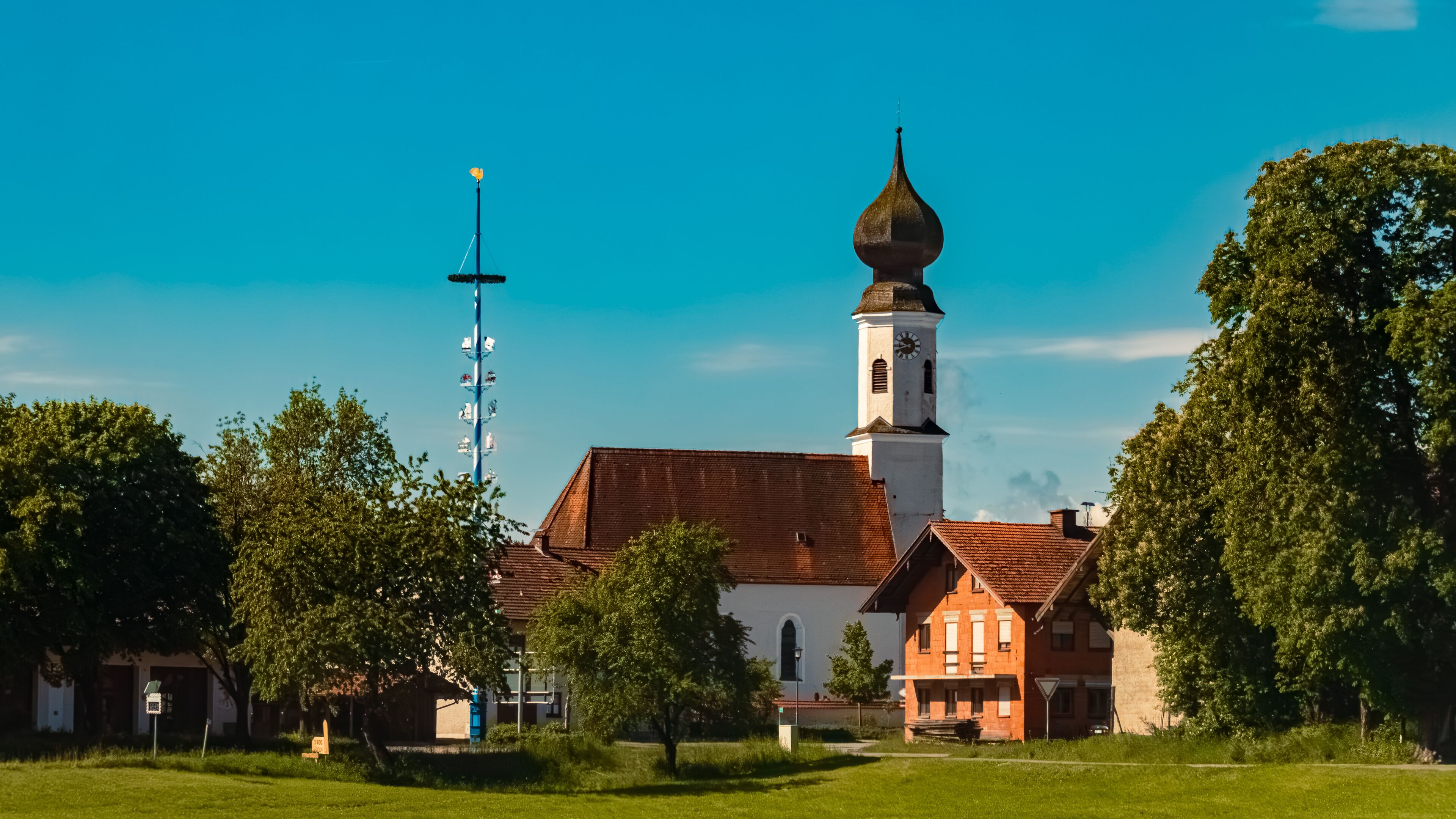 A church with a tall bell tower and a weather vane, surrounded by trees and a clear blue sky.