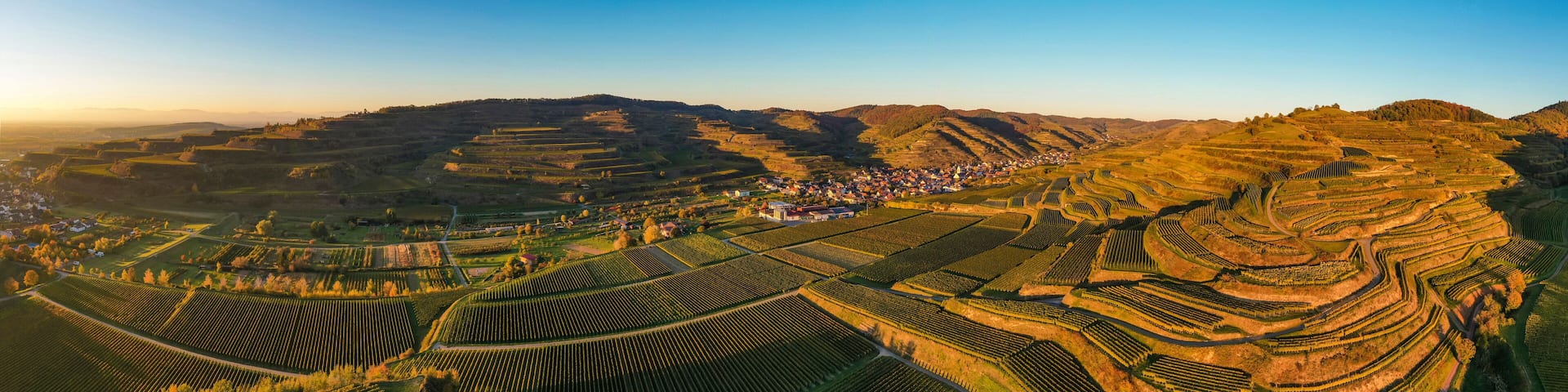 Germany, Baden-Wurttemberg, Vogtsburg im Kaiserstuhl, Aerial panorama of vineyards and volcanic hills of Kaiserstuhl at autumn dusk