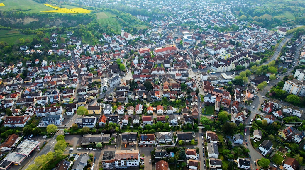 Aerial view around the old town of the city Leimen, Germany on a cloudy spring day