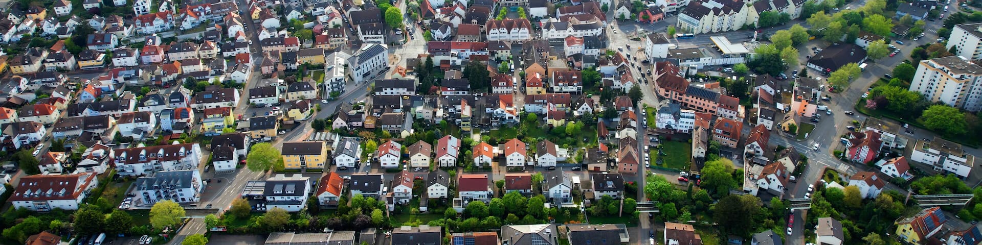 Aerial view around the old town of the city Leimen, Germany on a cloudy spring day