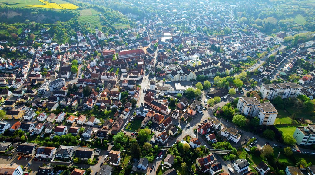 Aerial view around the old town of the city Leimen, Germany on a cloudy spring day