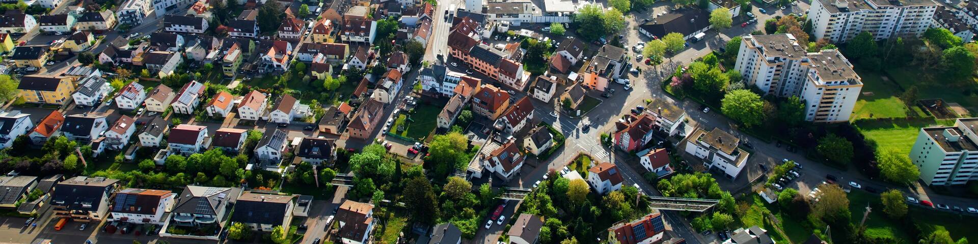 Aerial view around the old town of the city Leimen, Germany on a cloudy spring day