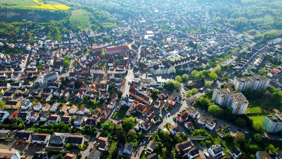Aerial view around the old town of the city Leimen, Germany on a cloudy spring day