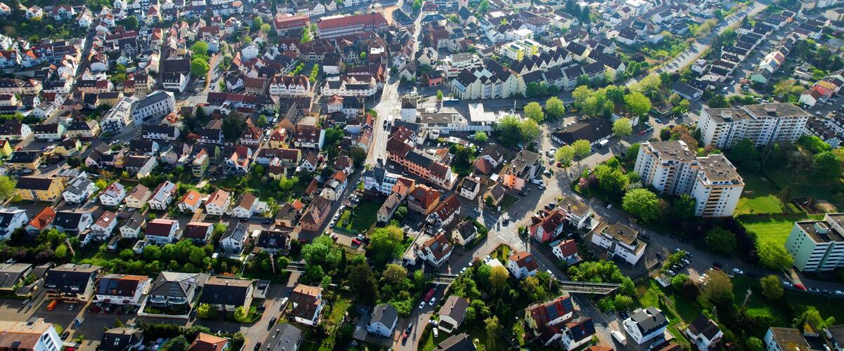 Aerial view around the old town of the city Leimen, Germany on a cloudy spring day
