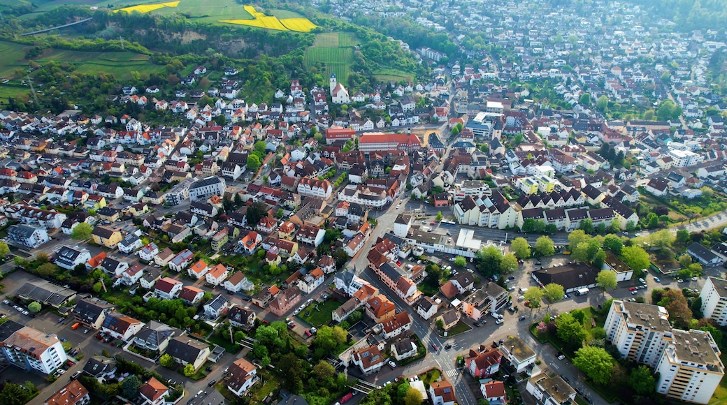 Aerial view around the old town of the city Leimen, Germany on a cloudy spring day