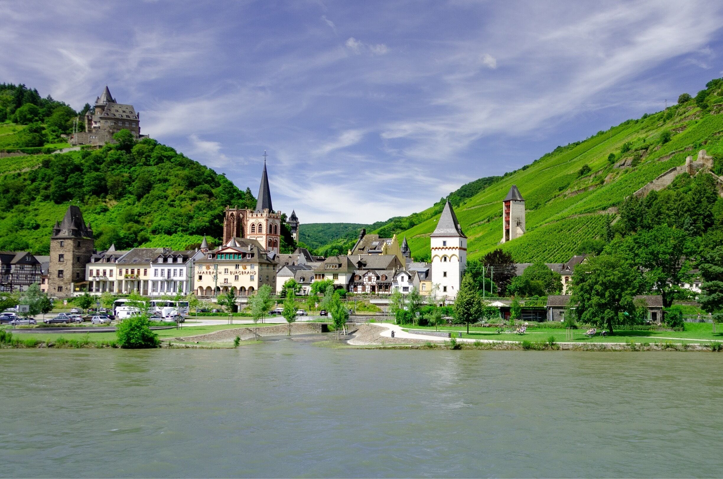 Stahleck Castle, built in the 12th Century, is now a youth hostel.  It sits above Bacharach, a town in the Mainz-Bingen district along the Middle Rhine.
