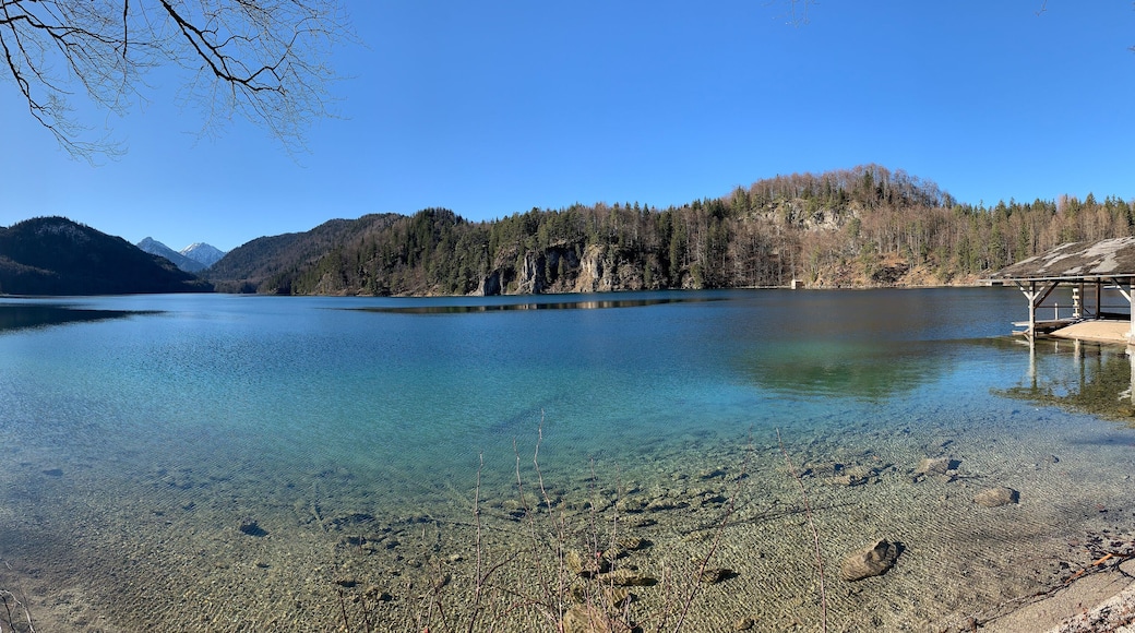 Panoramic view of the Alpsee lake on a sunny day near Neuschwanstein castle. Schwangau, Bavaria, Germany