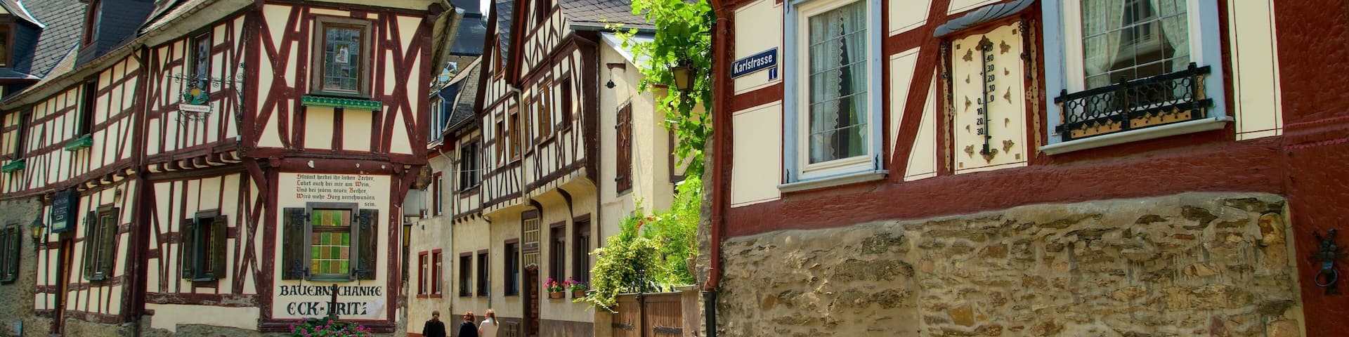 A street lined with traditional half-timbered houses, a stone wall, and a sign in German.