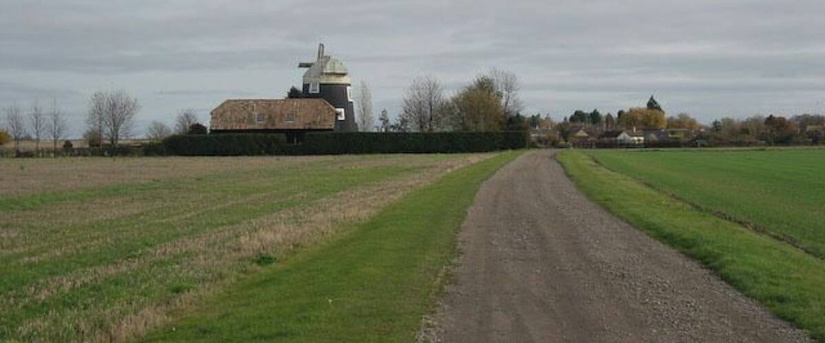 A rural road leading to a farm with a silo and a building.