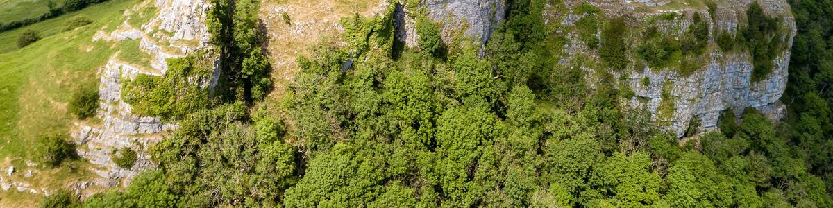 Aerial view of the ruins of Carreg Cennen Castle in the Camarthenshire countryside