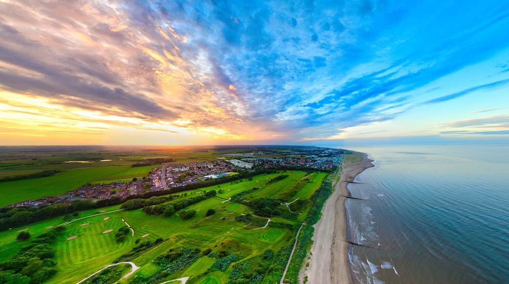 Panorama of the popular seaside holiday resort of Skegness on the east coast of england. Warm summer tones and sweeping vista views