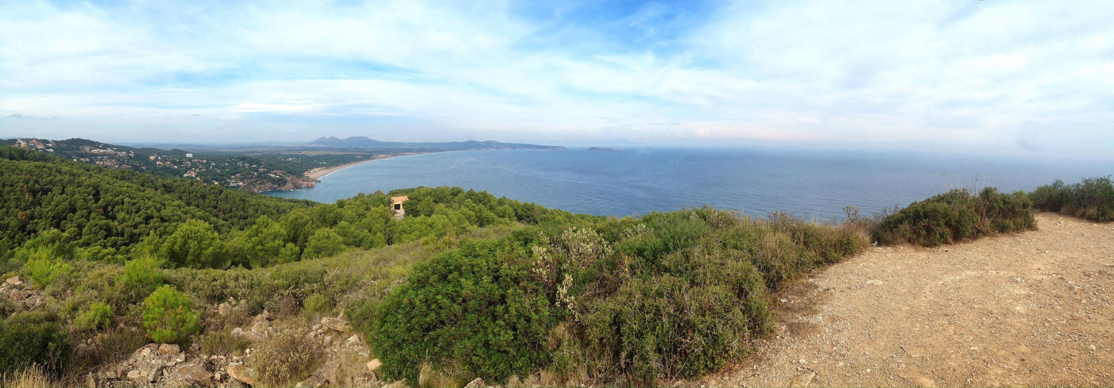 A coastal landscape with a dirt path, dense green forest, and a view of the sea and distant mountains.