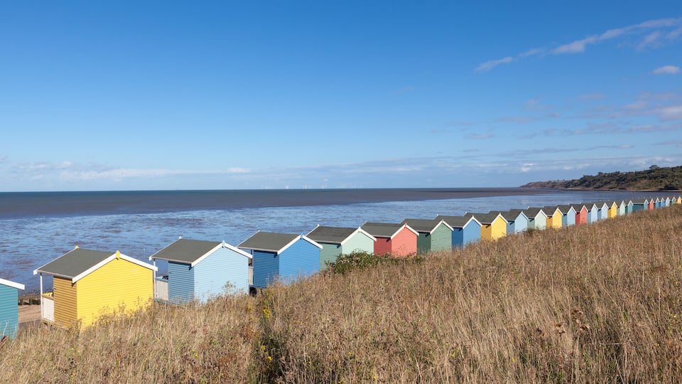 A row of colorful beach huts along a coastal path.