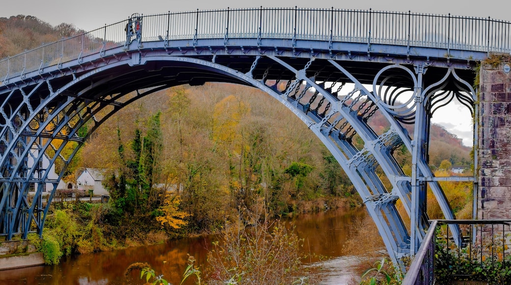 Un puente metálico con arco sobre un río, rodeado de follaje otoñal y edificios de piedra.