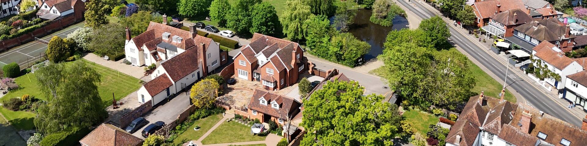 Writtle Village in Essex England ,Village green and town Drone, Aerial, view from air, birds eye view,