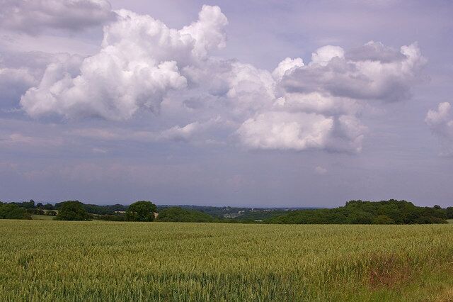 Towards Biggin Hill Looking across farmland alongside Croydon Road, with Biggin Hill Airfield in the distance, and storm clouds developing above.
