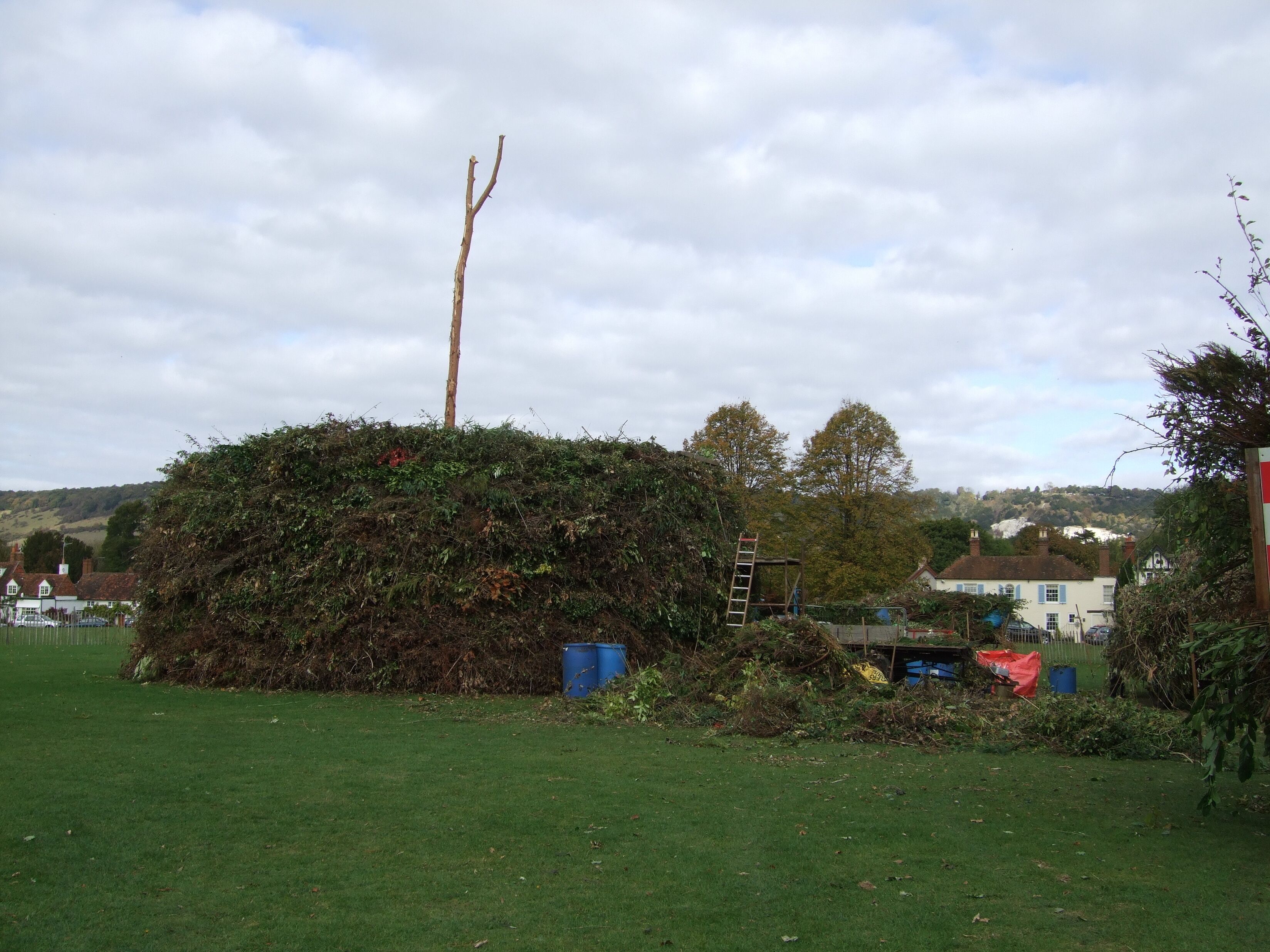 Bonfire under construction. Every year a giant bonfire is built on Brockham Green to celebrate Guy Fawkes' Night. It pulls in a huge crowd from miles around.