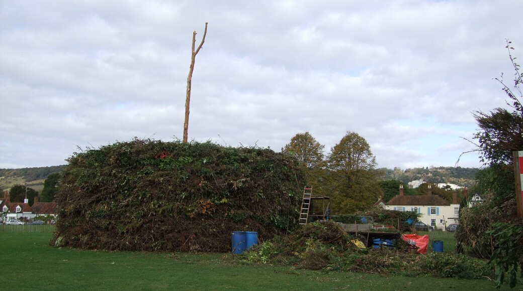 Bonfire under construction. Every year a giant bonfire is built on Brockham Green to celebrate Guy Fawkes' Night. It pulls in a huge crowd from miles around.