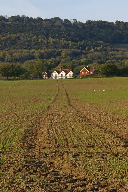 A rural landscape with a large field, a farmhouse, and a forested hill in the background.