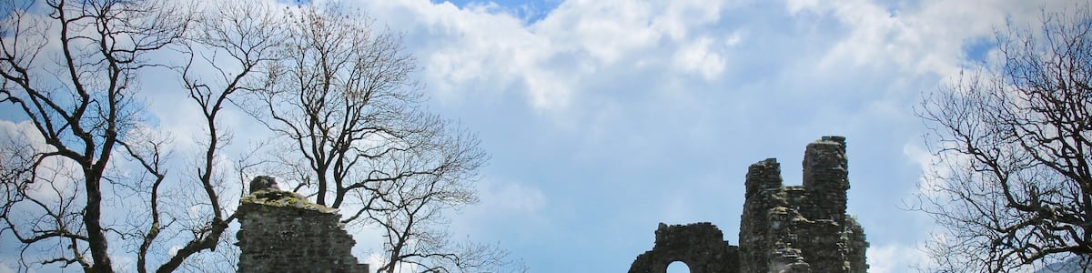 Eine historische Steinruine mit Bögen und einem grünen Feld.