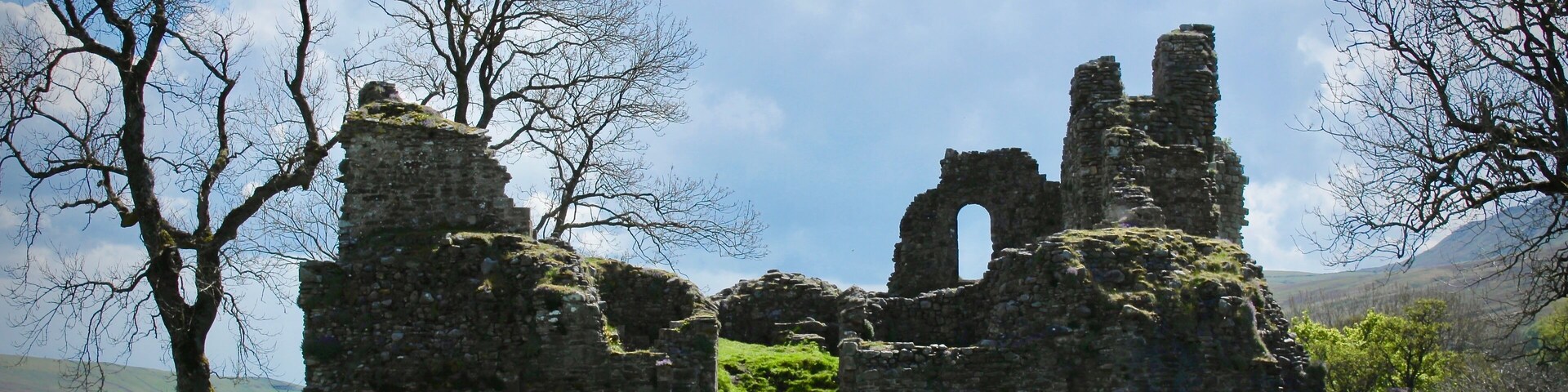 Ruinas de piedra históricas con arcos y un campo cubierto de hierba.