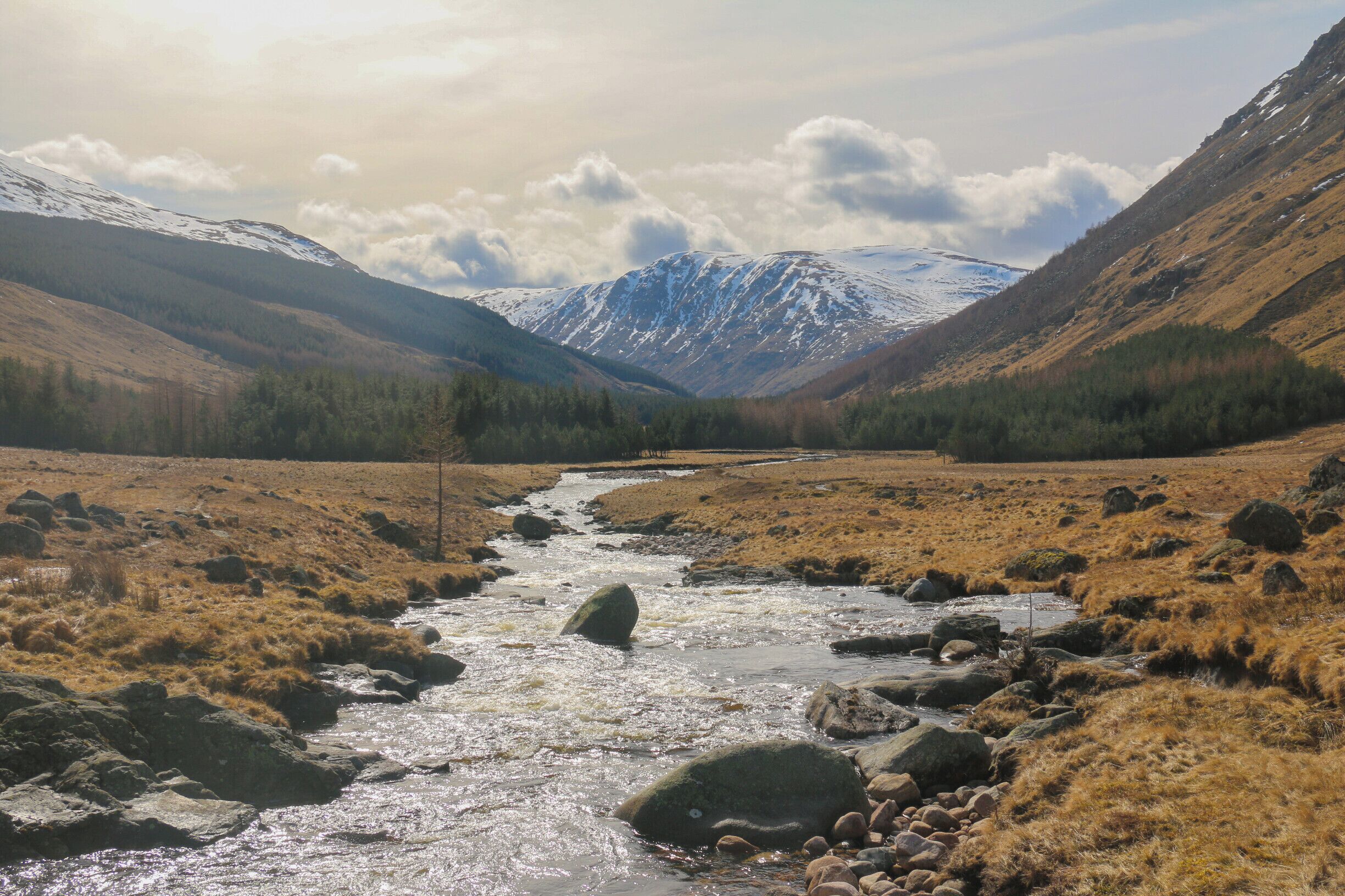 A Beautiful valley walk in the heart of Scotland. Park at the Glen Doll Ranger Center, walk to the river and take a left, follow the river through trees to a stunning valley