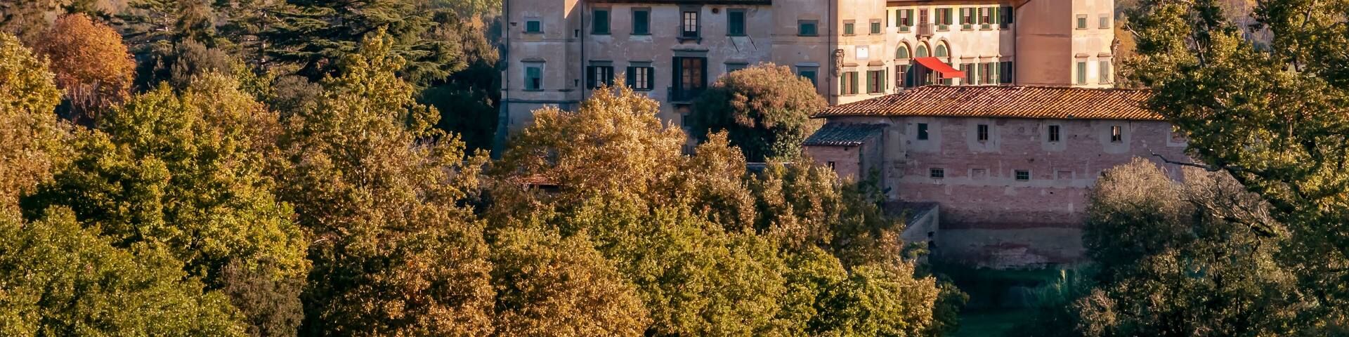 The ancient estate of Camugliano with Treggiaia in the background, Pisa, Italy