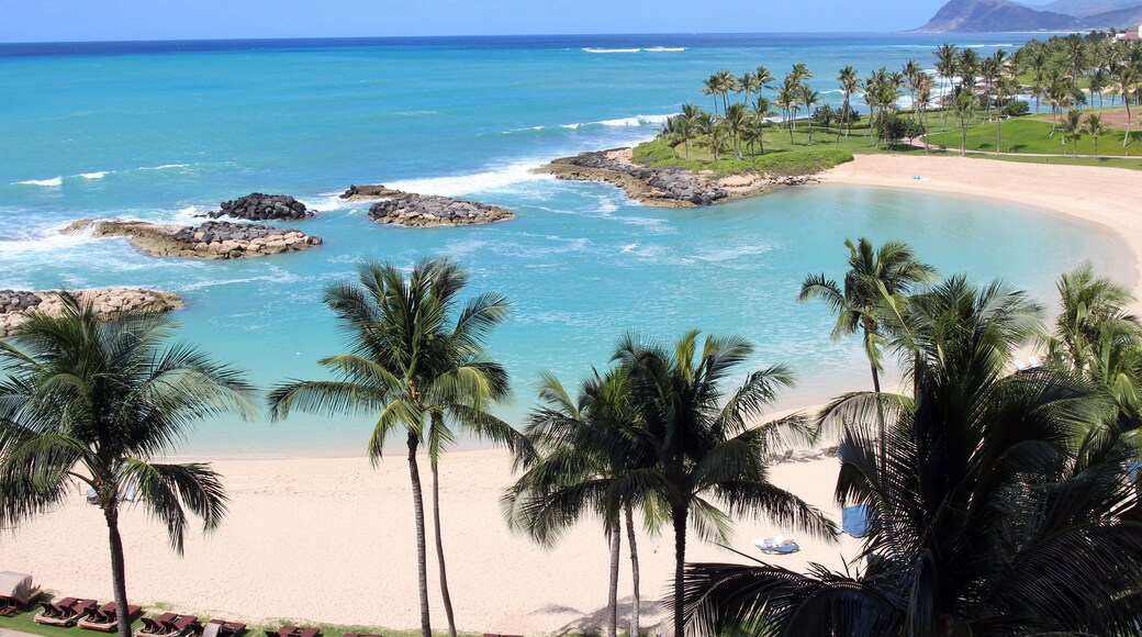 View of the Ko Olina beach resort and the Naia Lagoon, Oahu, Hawaii, USA