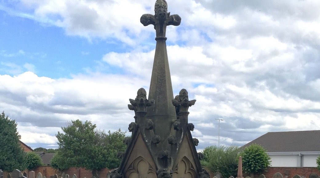 A stone monument consisting of a square base with inscribed panels, surmounted by a spire. The monument was paid for by public subscription, and commemorates seven members of a family killed in a house fire.