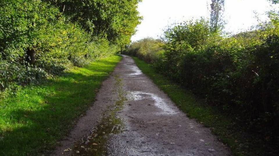 Cycleway This is the cycleway as it approaches the car park at Clayton-le-Woods. The fields and the River Lostock lie to the right, as viewed.