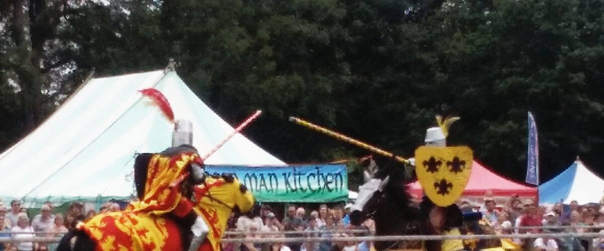 A medieval jousting match with knights in colorful armor.