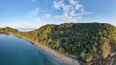 Paisagem costeira com uma praia, colinas arborizadas e céu claro.