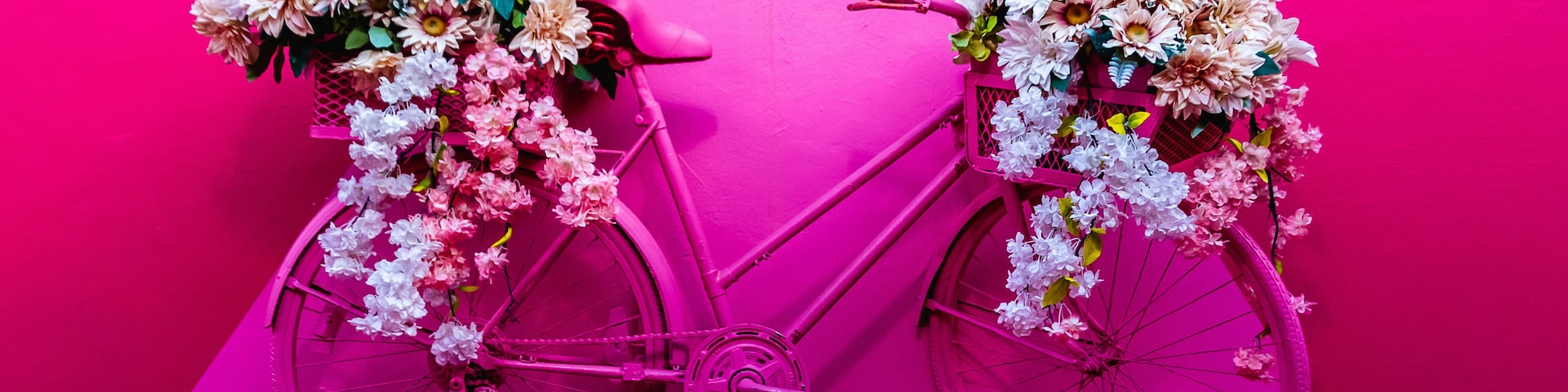 A pink bicycle with floral decorations against a pink background.