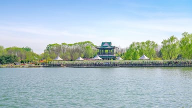 Ein friedlicher See mit einem traditionellen Pavillon und Bäumen im Hintergrund.