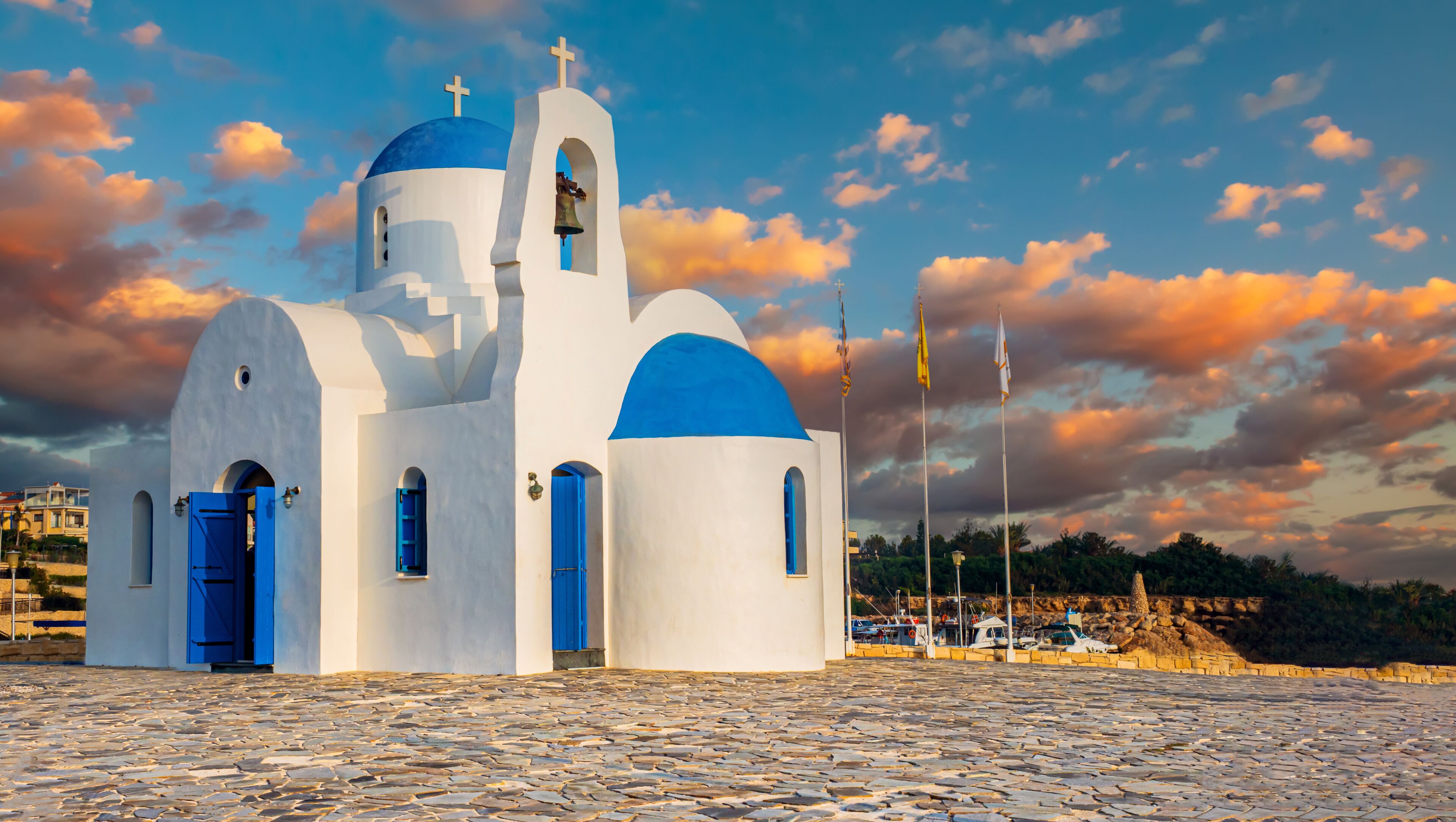 Republic of Cyprus. Protaras. The Church of St. Nicholas in Protaras. Orthodox temple Agios Nikolaos on the seaside. Paralimni. Shrines Of Cyprus. Travel sightseeing in Cyprus.